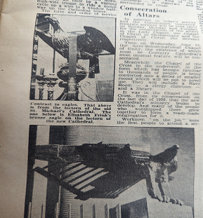 A newspaper article showing the old and new Eagle-shaped cathedral lecterns